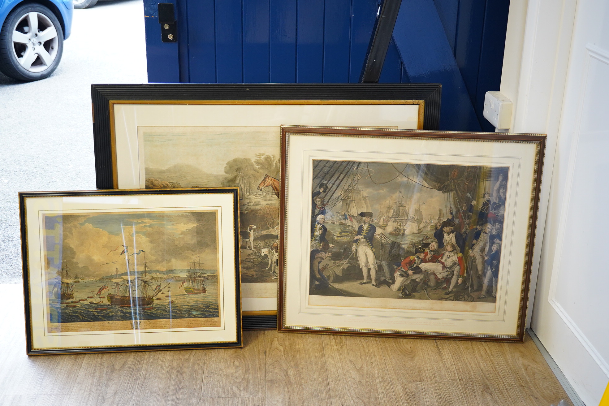 Three 18th / 19th century engravings including 'Lord Howes, Victory on the Glorious 1st June 1794, published 1st October 1795 and Ralph John Lambton Esq., Hunting scene, published 1st September 1821 by C. Turner, largest